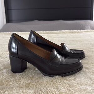 Clarks Black Leather Penny Loafer Block Heels 7